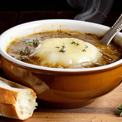 Home 11 **Image Prompt:** A rustic wooden table set with a steaming bowl of French onion soup. Focus on the melted Gruyère cheese bubbling over the crusty baguette. Scatter a few sprigs of thyme and a wooden spoon nearby. Warm, inviting lighting.