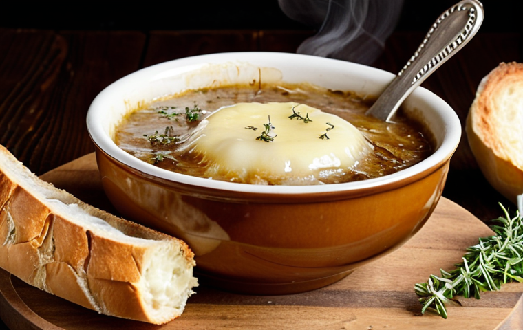 **Image Prompt:** A rustic wooden table set with a steaming bowl of French onion soup. Focus on the melted Gruyère cheese bubbling over the crusty baguette. Scatter a few sprigs of thyme and a wooden spoon nearby. Warm, inviting lighting.