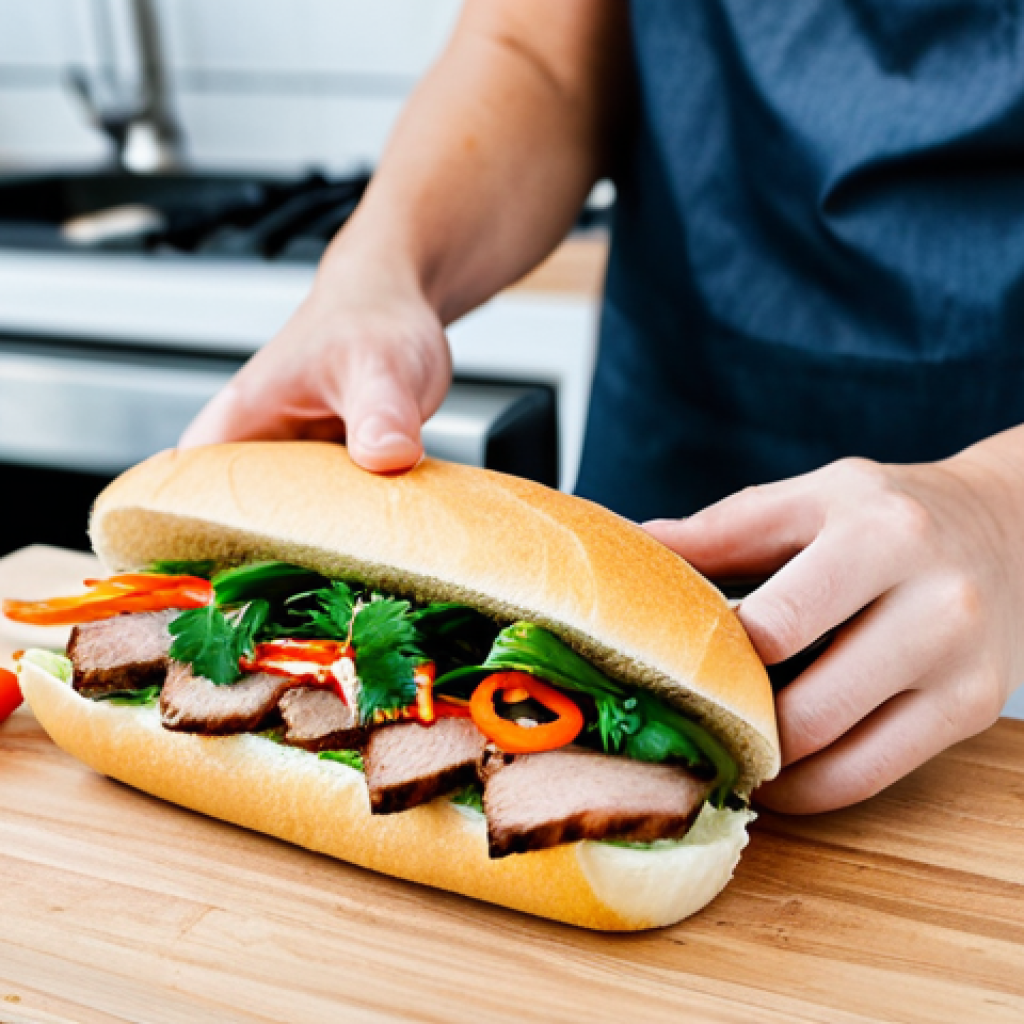 Banh Mi Preparation**
"A well-lit kitchen scene showcasing the preparation of a Banh Mi sandwich, ingredients neatly arranged on a wooden countertop, including a crispy baguette, grilled pork slices, pickled daikon and carrots, fresh cilantro, and chili peppers, fully clothed chef hands assembling the sandwich, safe for work, appropriate content, professional food photography, perfect anatomy (of hands), natural proportions, well-formed hands, proper finger count, family-friendly, modest setting, detailed and vibrant colors."
**