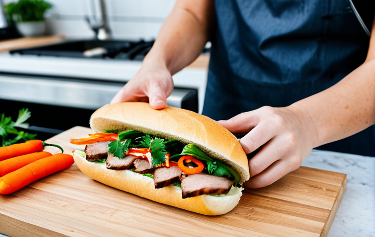 Banh Mi Preparation**
"A well-lit kitchen scene showcasing the preparation of a Banh Mi sandwich, ingredients neatly arranged on a wooden countertop, including a crispy baguette, grilled pork slices, pickled daikon and carrots, fresh cilantro, and chili peppers, fully clothed chef hands assembling the sandwich, safe for work, appropriate content, professional food photography, perfect anatomy (of hands), natural proportions, well-formed hands, proper finger count, family-friendly, modest setting, detailed and vibrant colors."
**
