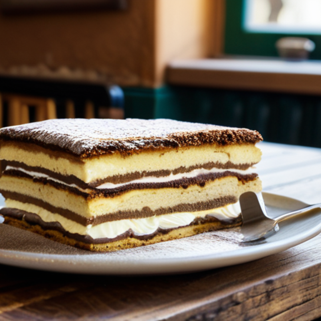 **Prompt:** A beautifully layered tiramisu dessert displayed on a rustic wooden table in a cozy Italian cafe, appropriate content, safe for work, professional food photography, featuring perfect layers of coffee-soaked ladyfingers and creamy mascarpone, dusted with cocoa powder, soft lighting, warm colors, shallow depth of field, professional.