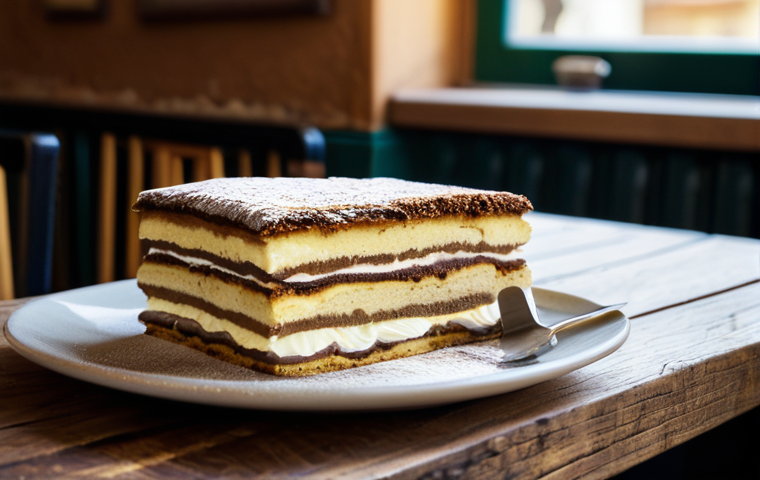 **Prompt:** A beautifully layered tiramisu dessert displayed on a rustic wooden table in a cozy Italian cafe, appropriate content, safe for work, professional food photography, featuring perfect layers of coffee-soaked ladyfingers and creamy mascarpone, dusted with cocoa powder, soft lighting, warm colors, shallow depth of field, professional.
