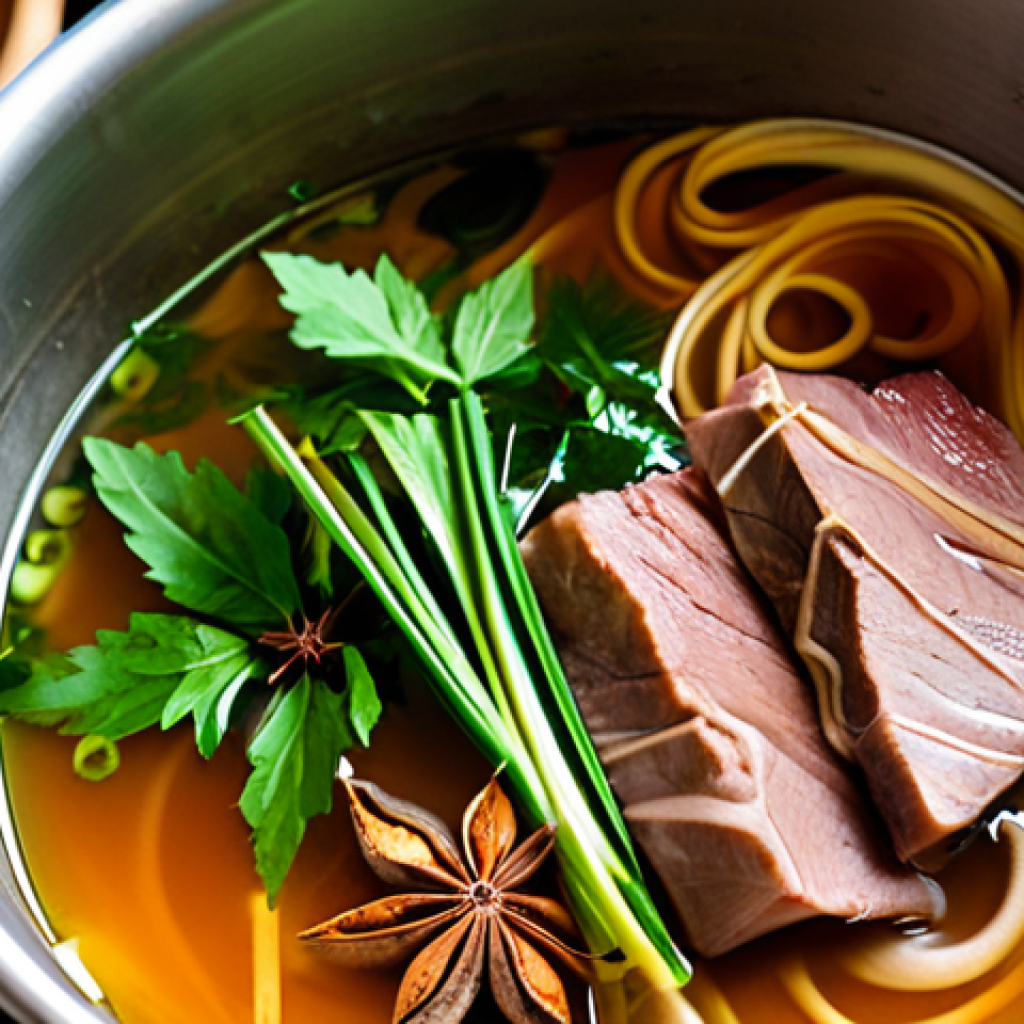 베트남식 쌀국수 만들기 완벽 가이드 - Simmering Pho Broth**
"A large pot of pho broth simmering on a stove, steam rising, beef bones visi...