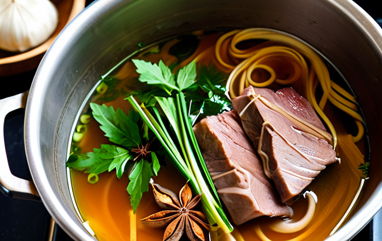 베트남식 쌀국수 만들기 완벽 가이드 - Simmering Pho Broth**
"A large pot of pho broth simmering on a stove, steam rising, beef bones visi...