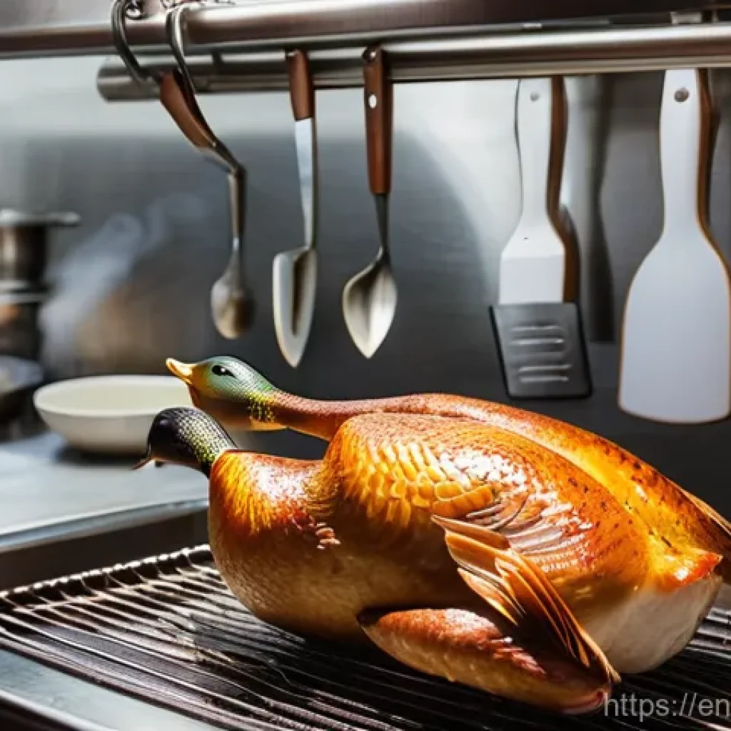 중국식 오리요리 기초 - **A whole Chinese duck, meticulously prepared and in the crucial air-drying stage.** The duck hangs ...