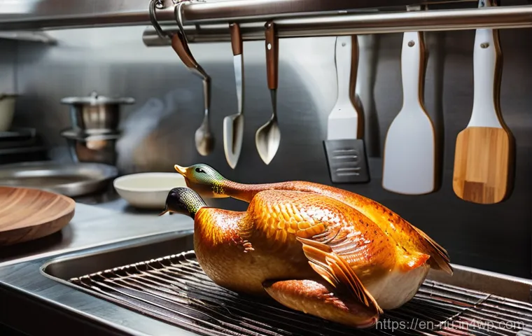 중국식 오리요리 기초 - **A whole Chinese duck, meticulously prepared and in the crucial air-drying stage.** The duck hangs ...