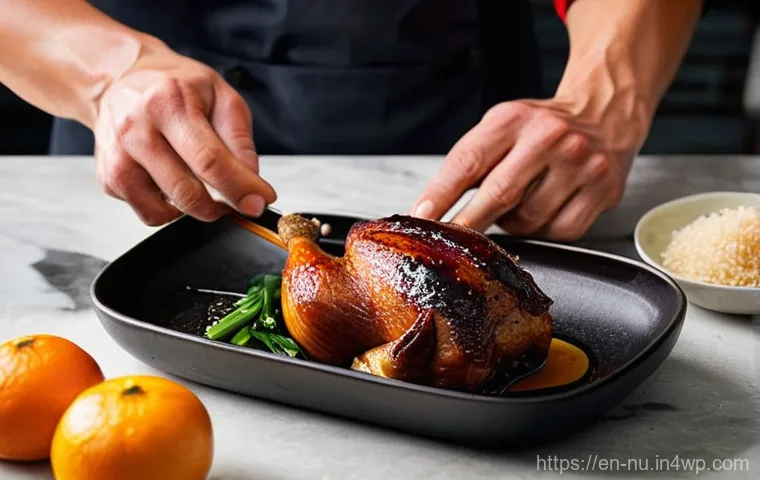 중국식 오리요리 기초 - **A whole Chinese duck, meticulously prepared and in the crucial air-drying stage.** The duck hangs ...