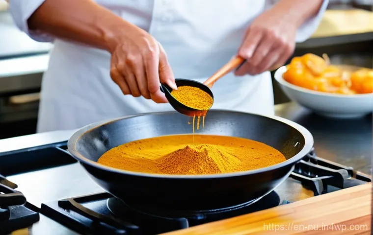 인도 커리 기초 레시피 - **Prompt:** A close-up, high-angle shot in a warm, rustic kitchen. A skilled hand, wearing a clean, ...