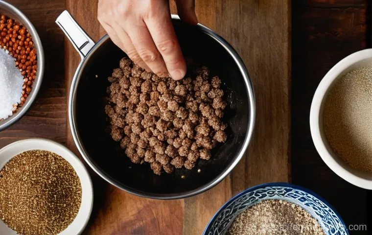 스웨덴 미트볼 만들기 - **Prompt 1: The Initial Preparation of Swedish Meatballs**
A close-up, high-angle shot of a home...