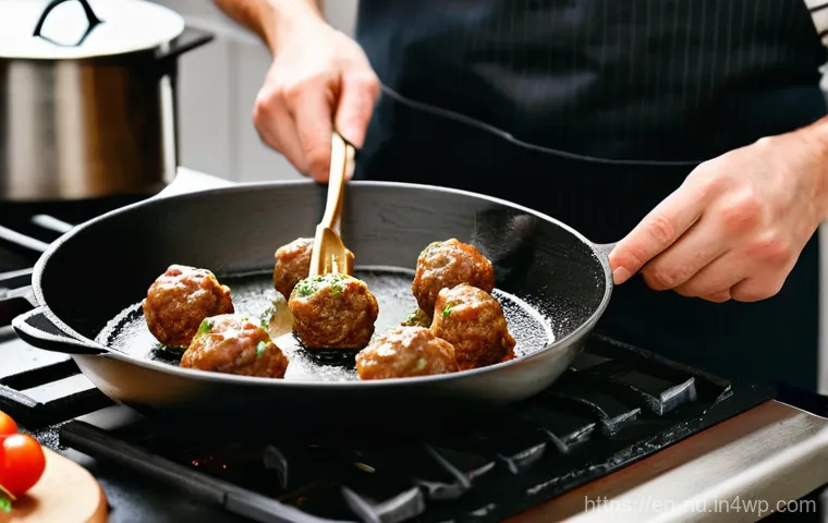 스웨덴 미트볼 만들기 - **Prompt 1: The Initial Preparation of Swedish Meatballs**
    A close-up, high-angle shot of a home...
