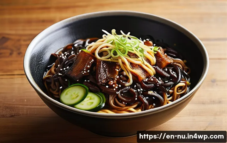 중국식 자장면 만들기 - **A Steaming Bowl of Jajangmyeon:**
"A photorealistic, top-down shot of a perfectly presented, s...