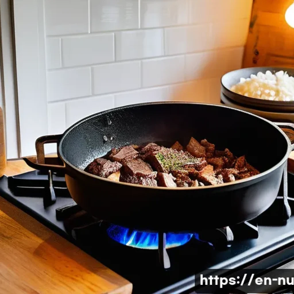 프랑스식 고기 스튜 기본 요리법 - A rustic kitchen scene featuring a heavy-duty Dutch oven on a wooden stove with chunks of well-marbl...