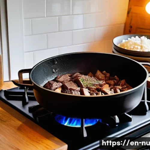 Home 15 프랑스식 고기 스튜 기본 요리법 - A rustic kitchen scene featuring a heavy-duty Dutch oven on a wooden stove with chunks of well-marbl...