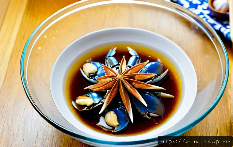 Home 17 중국식 양념게장 요리법 - Photorealistic overhead food-preparation scene of Chinese-style soy-marinated blue crabs in a clear ...
