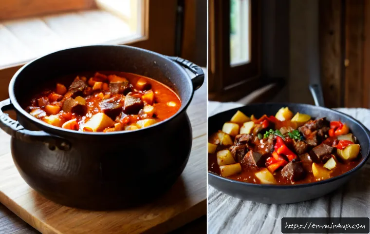 헝가리 고추가루로 만드는 스튜 - Photorealistic Hungarian paprika stew simmering in a rustic cast-iron pot, rich red-orange sauce wit...