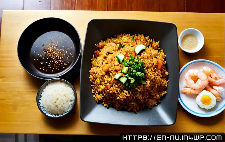 Home 17 인도네시아 나시고렝 조리법 - Photorealistic overhead food preparation scene for Indonesian nasi goreng, a well-organized wooden k...